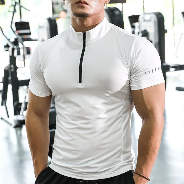Mens Gym Training Spandex Polyester Quarter Zip Shirt P37 print logo 8