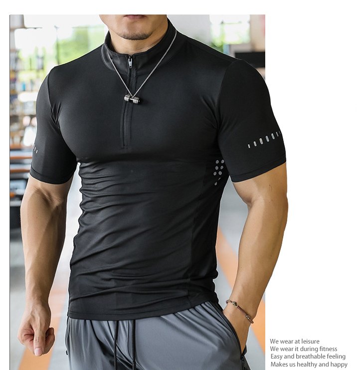 Mens Gym Training Spandex Polyester Quarter Zip Shirt P37 print logo 12