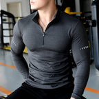 Mens Long Sleeve Sports Fitness Spandex Polyester Quarter Zip Shirt P37 print logo 5