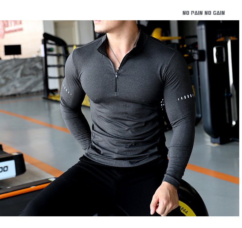 Mens Long Sleeve Sports Fitness Spandex Polyester Quarter Zip Shirt P37 print logo 17