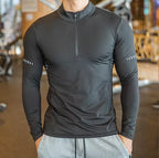 Mens Long Sleeve Sports Fitness Spandex Polyester Quarter Zip Shirt P37 print logo 1