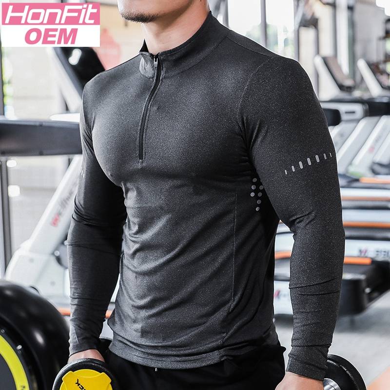Mens Long Sleeve Sports Fitness Spandex Polyester Quarter Zip Shirt P37 print logo 11