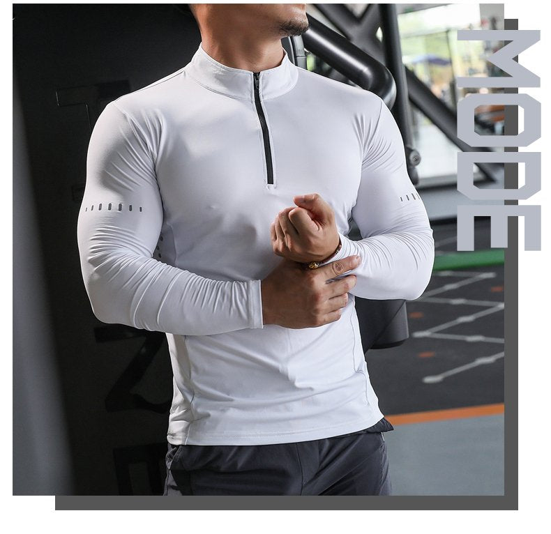 Mens Long Sleeve Sports Fitness Spandex Polyester Quarter Zip Shirt P37 print logo 15
