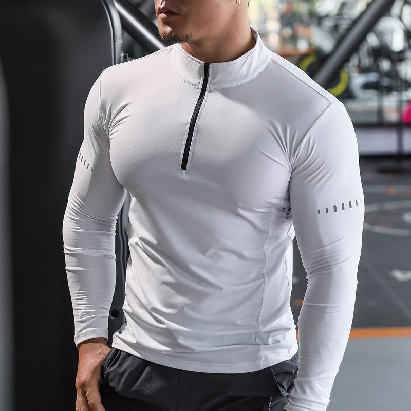 Mens Long Sleeve Sports Fitness Spandex Polyester Quarter Zip Shirt P37 print logo 4