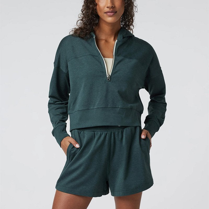 Womens Casual Workout 81.5%Cotton15%Polyester 3.5%Spandex Hoodie Shorts Set QS24121C print logo 1