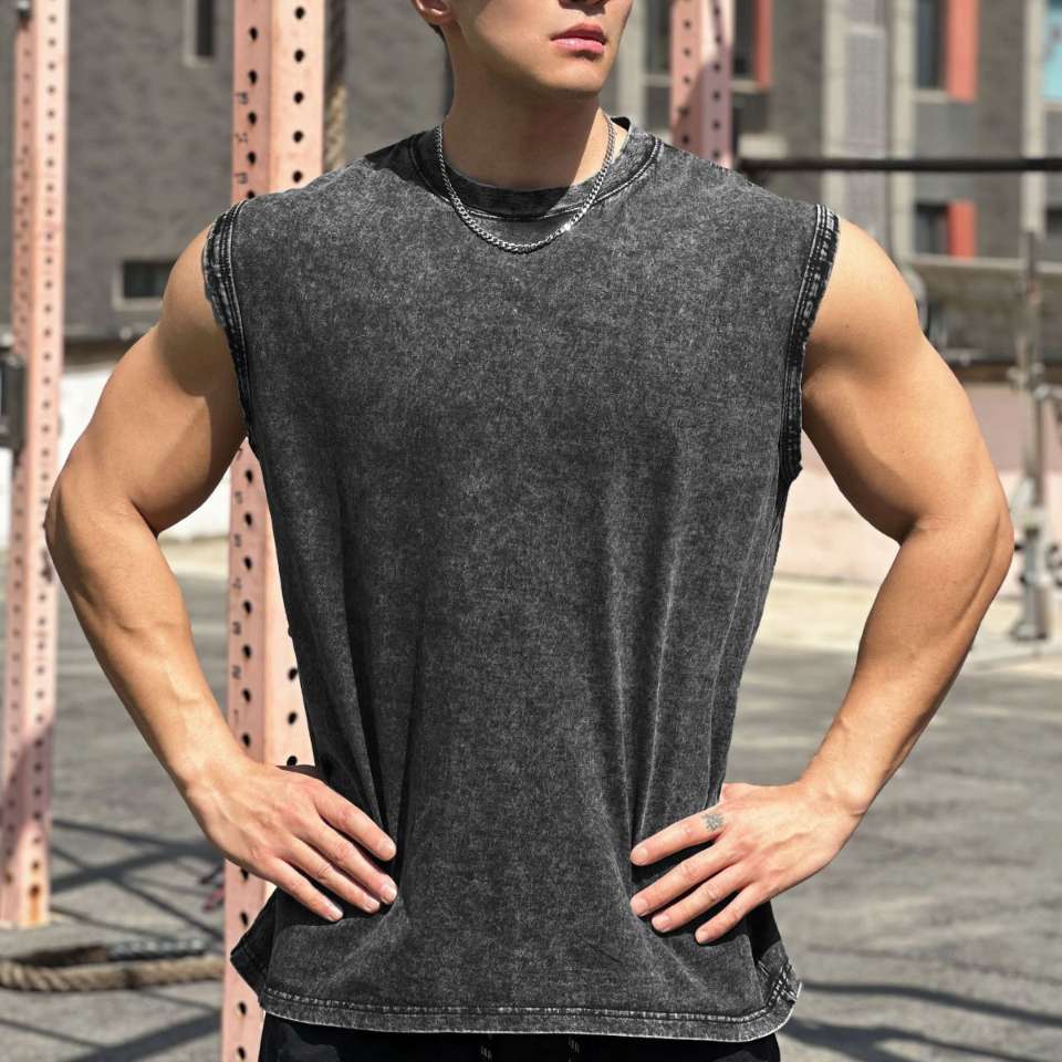 Mens Washed Distressed 100%cotton Tank Top WASH-BX69 print logo 25