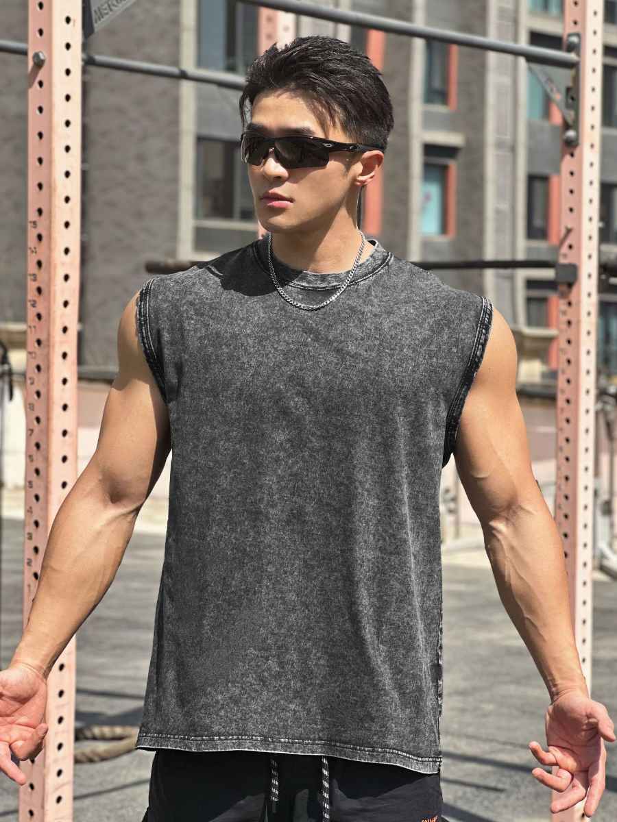 Mens Washed Distressed 100%cotton Tank Top WASH-BX69 print logo 17