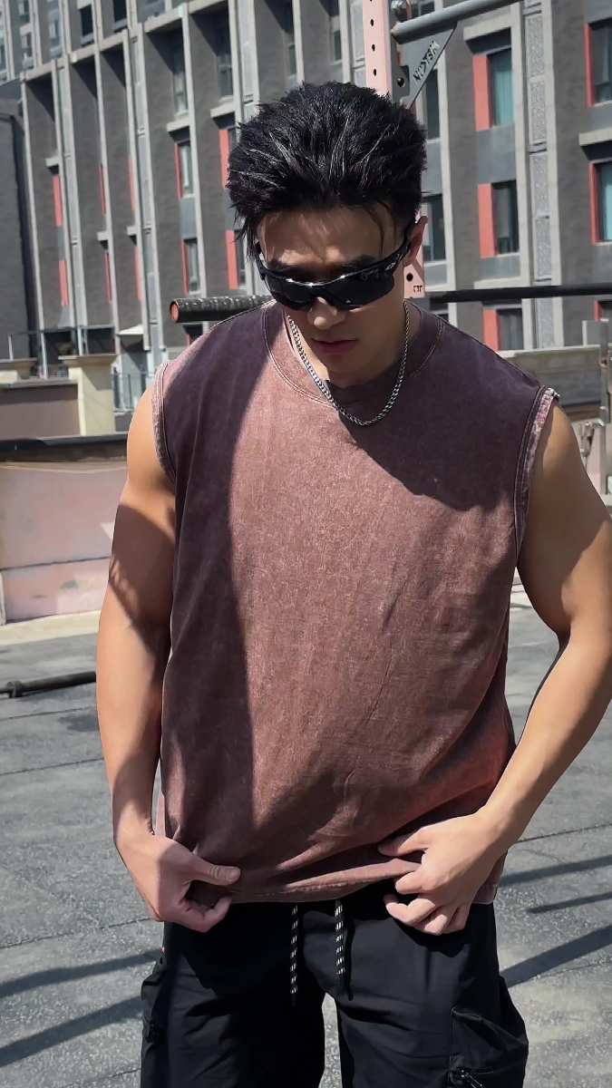 Mens Washed Distressed 100%cotton Tank Top WASH-BX69 print logo 5