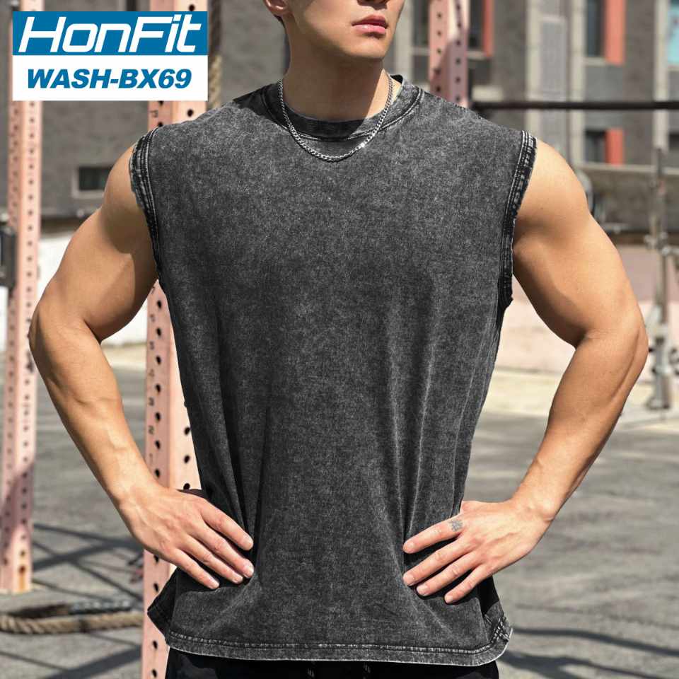 Mens Washed Distressed 100%cotton Tank Top WASH-BX69 print logo 15