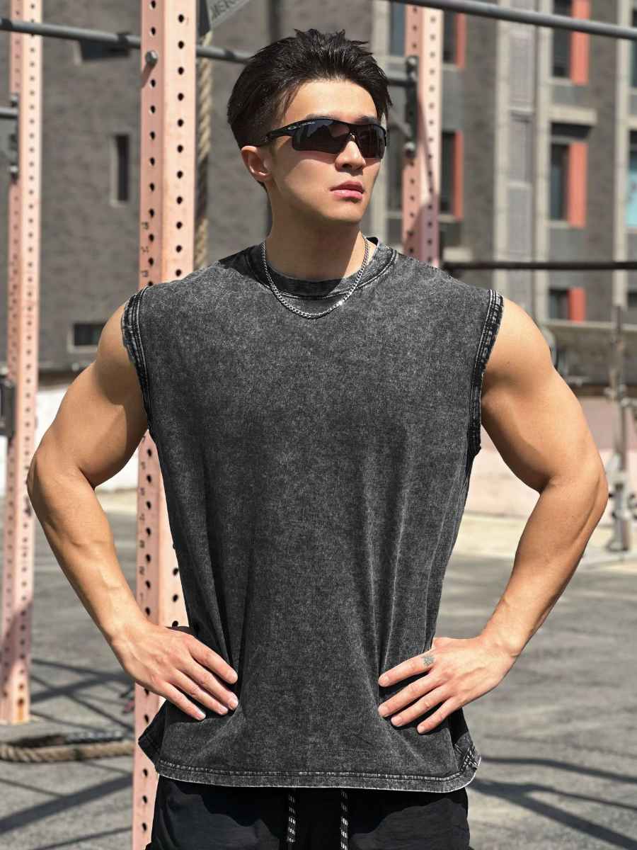 Mens Washed Distressed 100%cotton Tank Top WASH-BX69 print logo 20