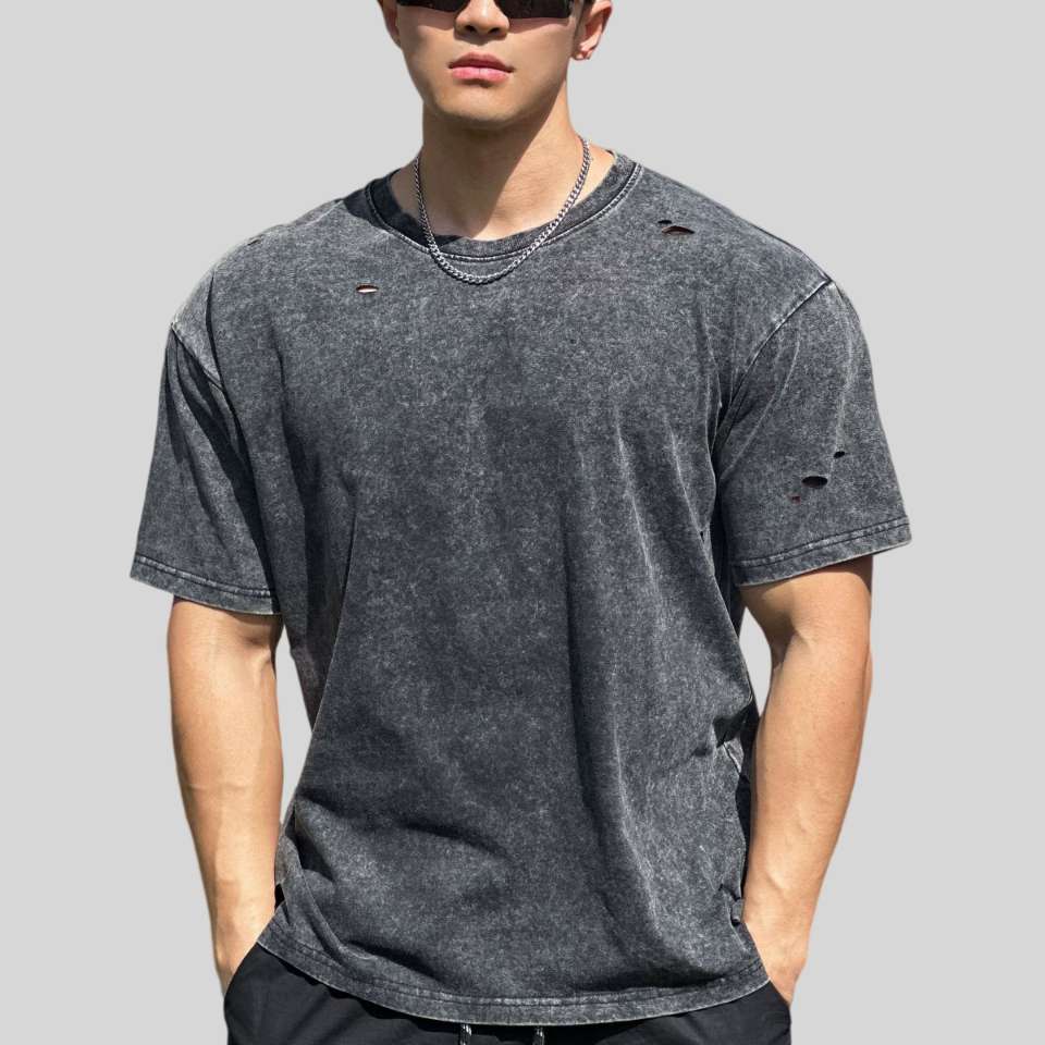 Mens Distressed Washed 100%cotton T Shirt WASH-TX102 print logo 1