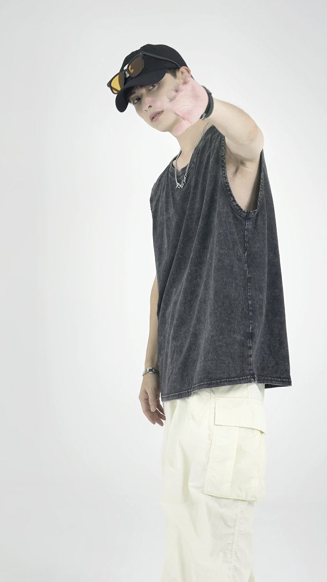 Mens Washed Streetwear 100%cotton Tank Top WASH-ZJWX230 print logo 5
