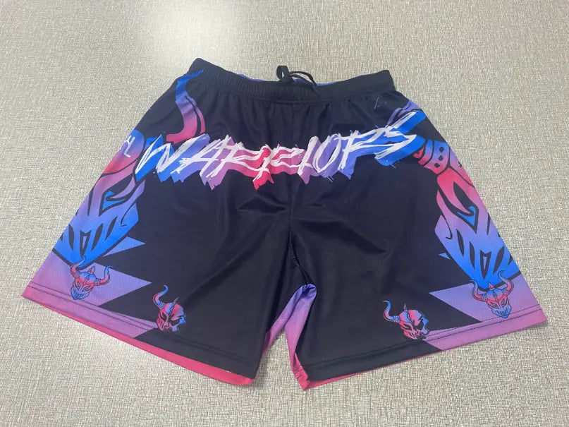Custom sublimated basketball shorts with vibrant cosmic graphic print and drawcord