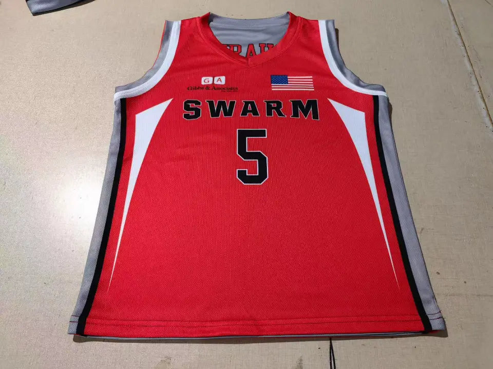 Crimson red sublimated custom basketball jersey with athletic v-neck collar