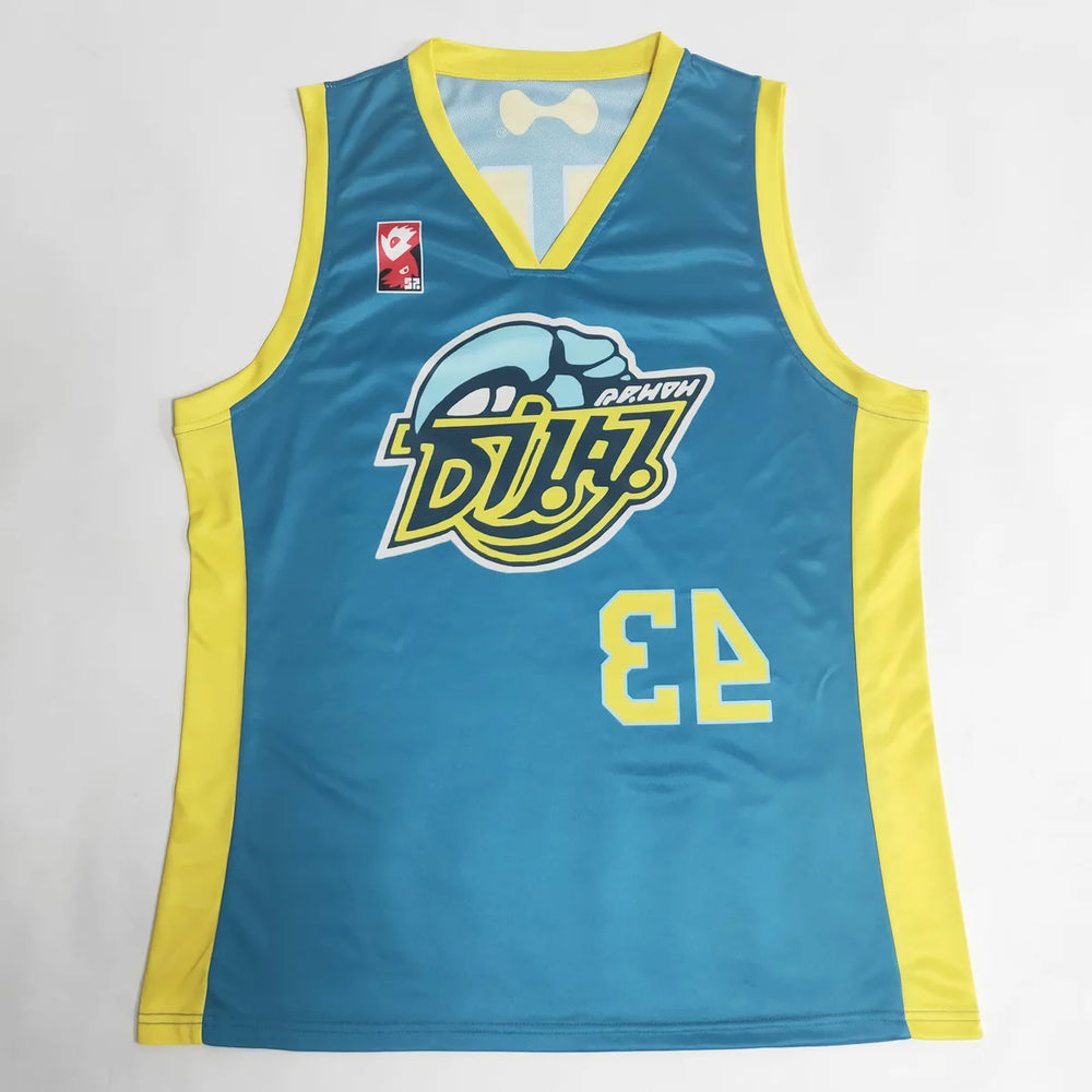 Gold and cyan bright custom basketball jersey with script team crest