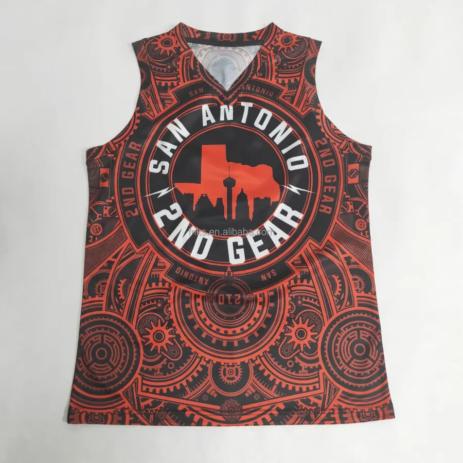 Heritage deep crimson sublimated basketball jersey with intricate background watermark
