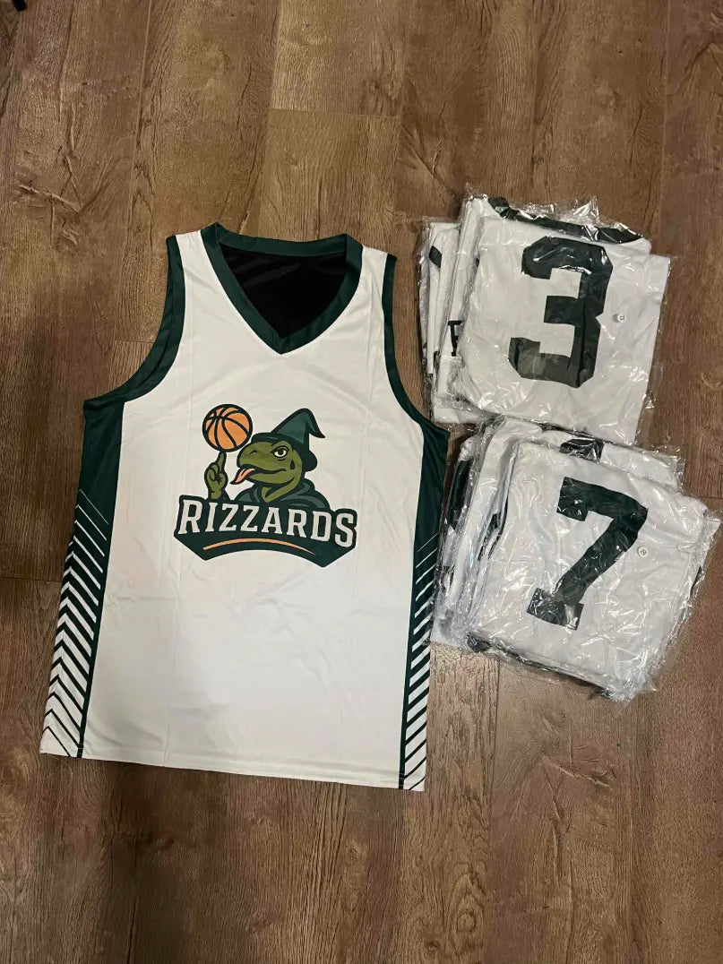 Collegiate cut basketball uniform set white and forest green with custom player number 3