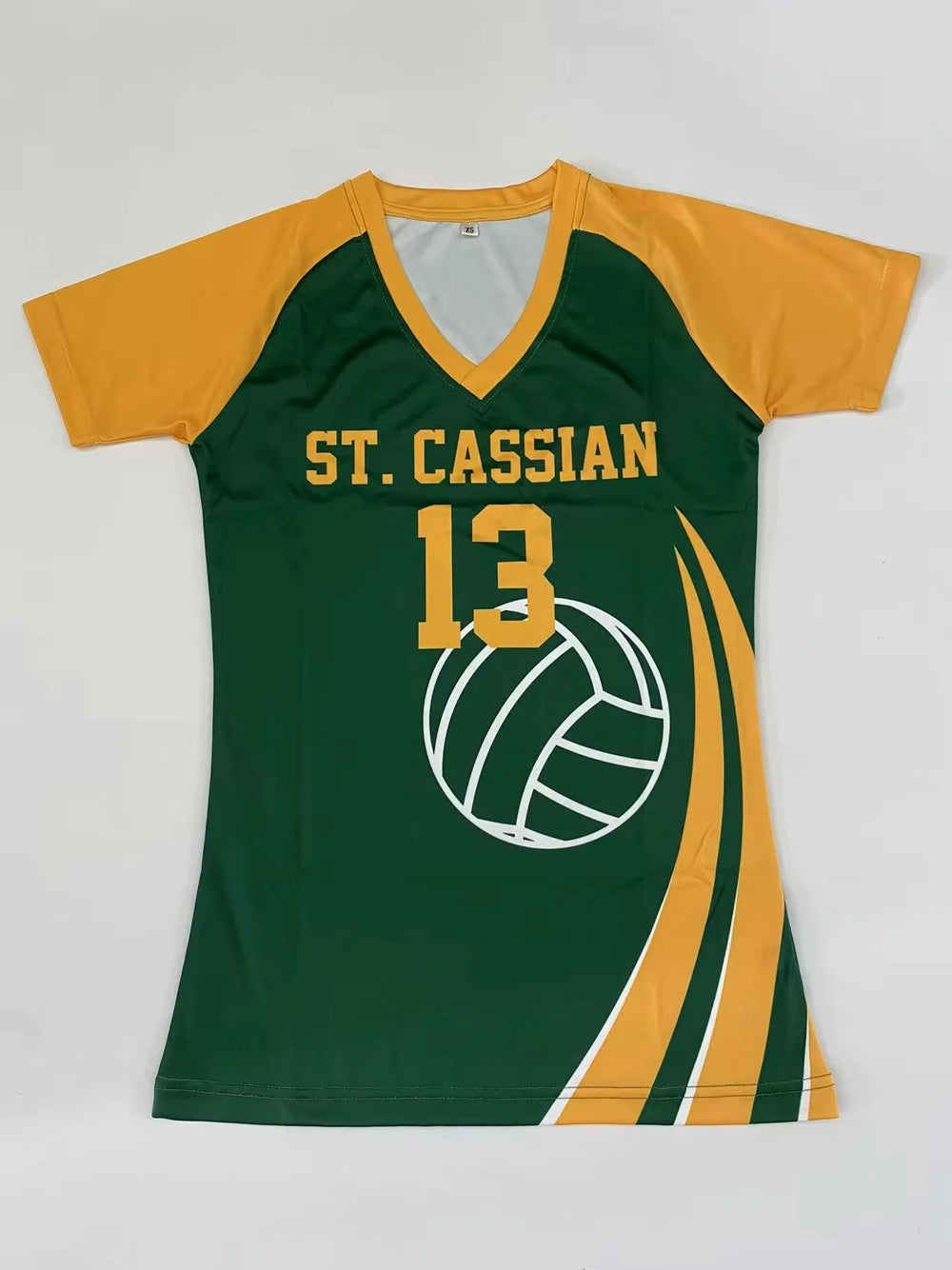 Green and yellow custom cap sleeve volleyball jersey with sublimated team logo