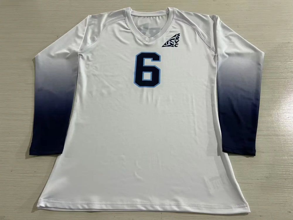 White and navy custom long sleeve volleyball jersey with ombre gradient sleeves