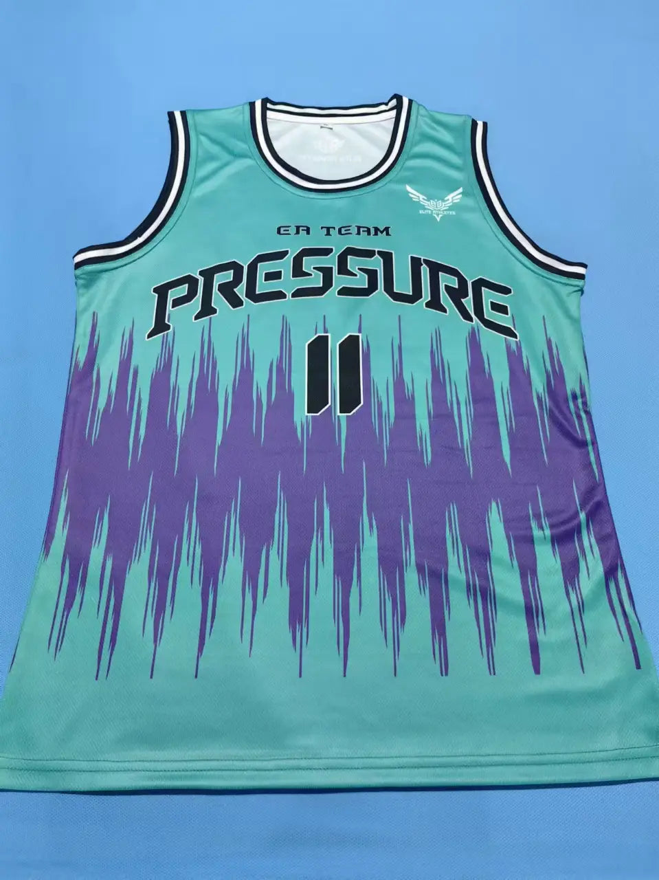 Cyan and purple gradient sublimated basketball jersey for tournament travel teams