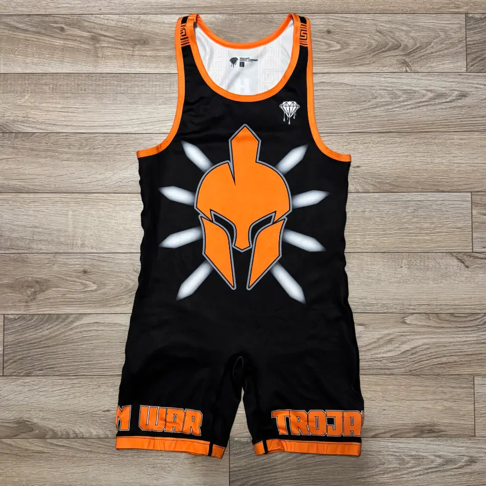 Spartan custom freestyle wrestling singlet with orange and white crest