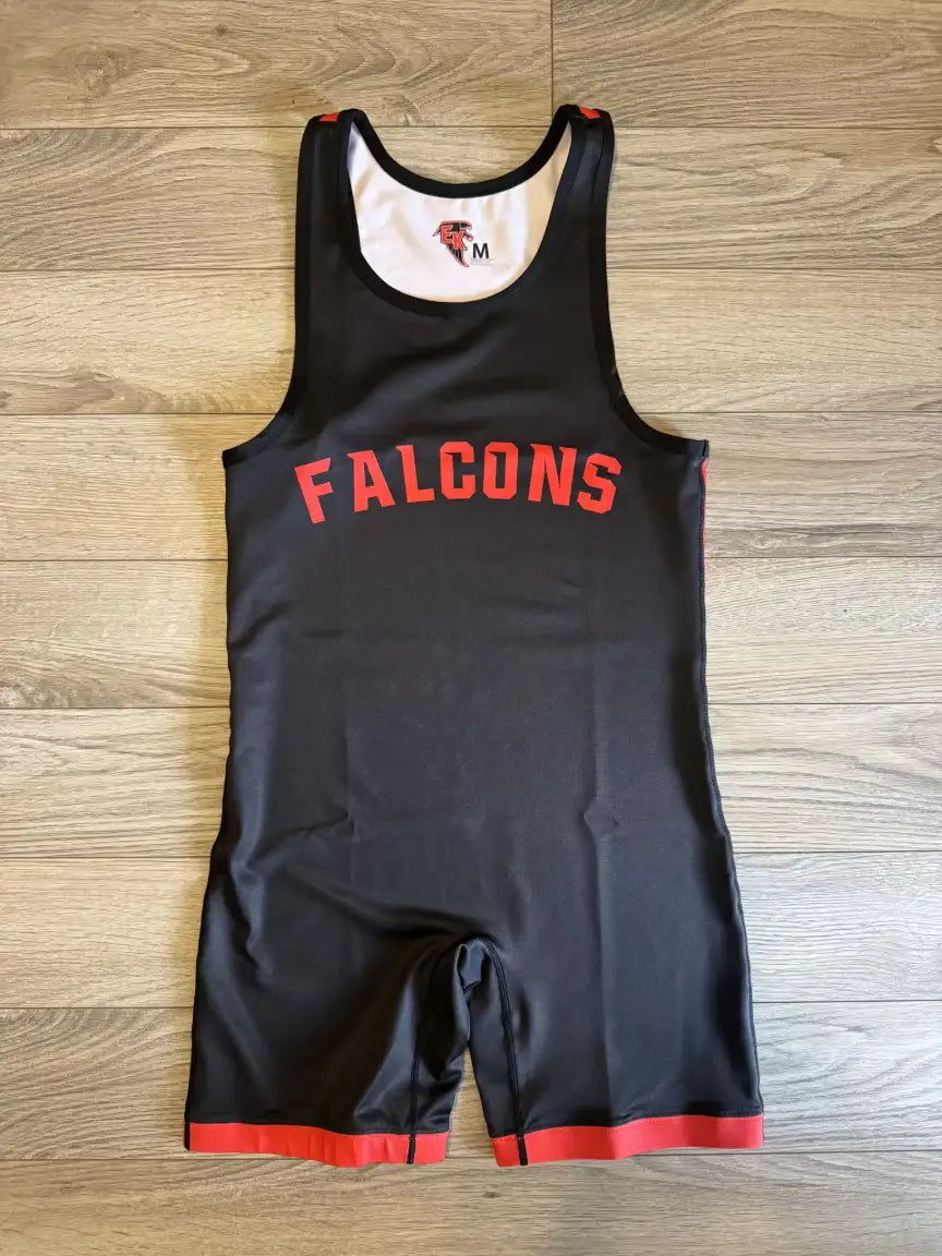Falcons varsity competition wrestling singlet with red contrast leg bands