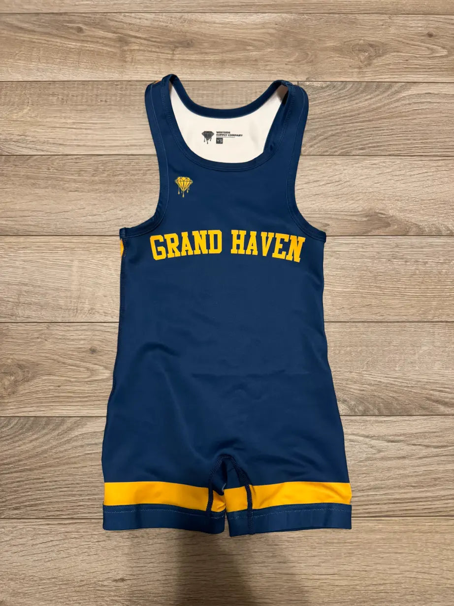 Grand Haven collegiate navy and gold wrestling singlet