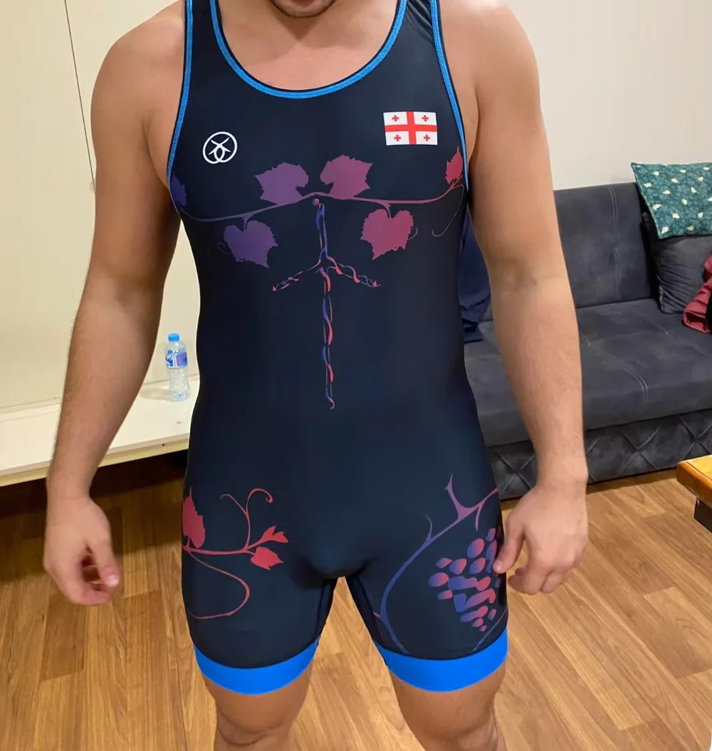 Custom sublimated graphic combat wrestling singlet on athlete