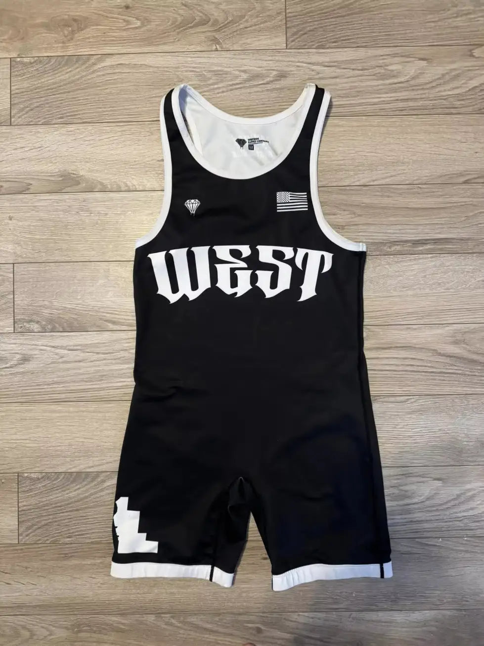 West high athletic block letter wrestling singlet in black and white