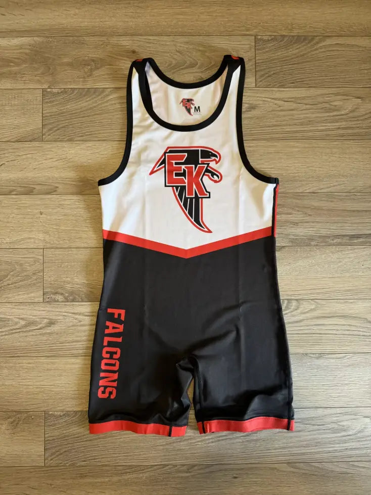Falcon mascot dual-panel wrestling singlet with chest crest